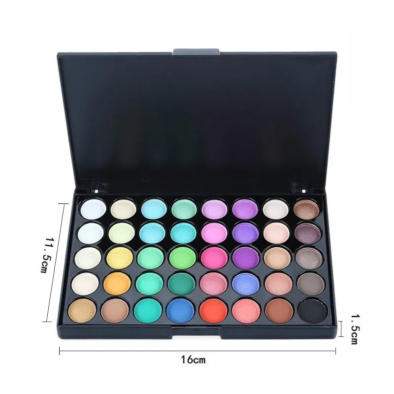 40-colour matte and glitter eyeshadow palette with a brush, showing earth tones and vibrant shades in one case