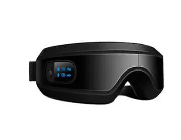 Black rechargeable eye massager with LCD screen, adjustable headband, and Bluetooth music player showing air pressure and hot compress functions