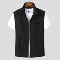 Men's striped waterproof vest with multiple pockets and hood in chemical fibre blend fabric