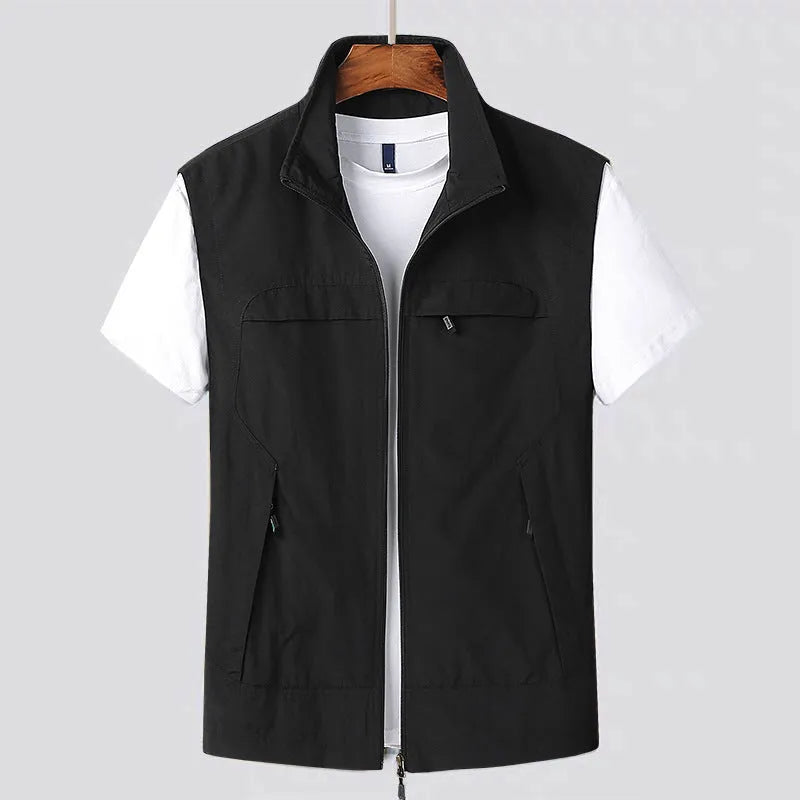 Men's striped waterproof vest with multiple pockets and hood in chemical fibre blend fabric