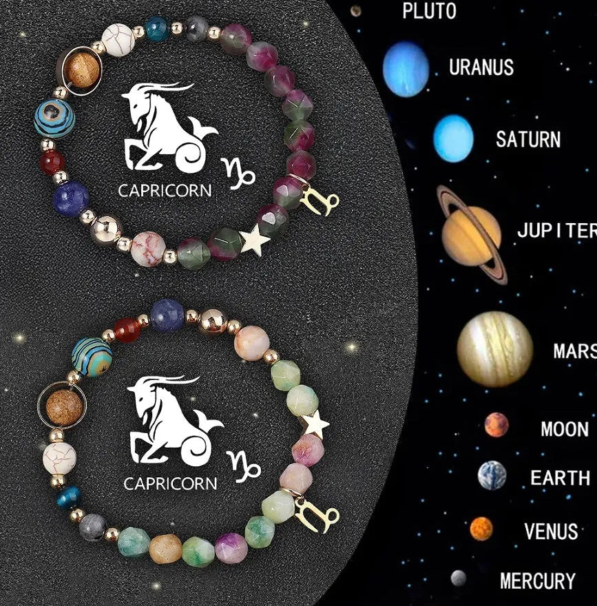 Natural stone beaded bracelets showing zodiac sign designs for complete astrological collection