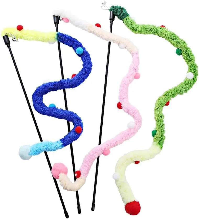 Interactive cat wand toy with colourful fluffy ball and bell on 60cm plush strip