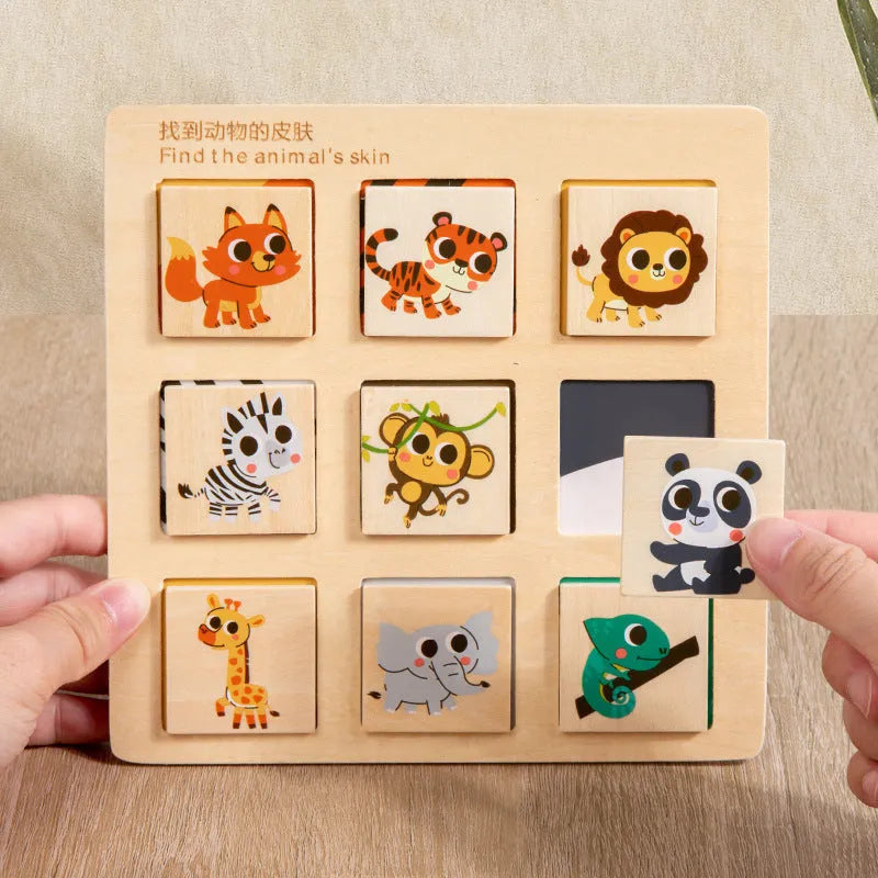Wooden Montessori matching puzzle board with colour pieces, 17.5cm diameter, in colour box packaging