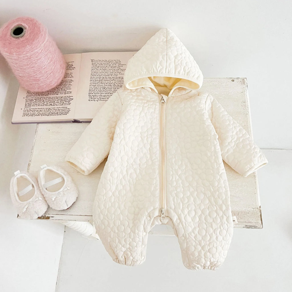 Baby cotton quilted romper with hood in beige, long sleeves, zip-up front