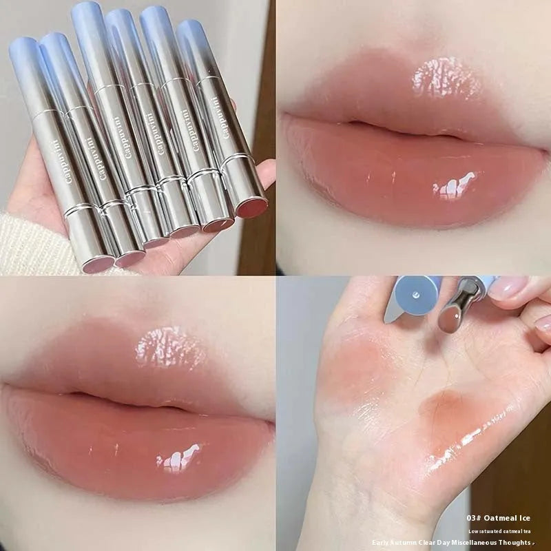 Mirror Water Light Lip Gloss Lipstick in six sheer shimmer shades in a slim case.