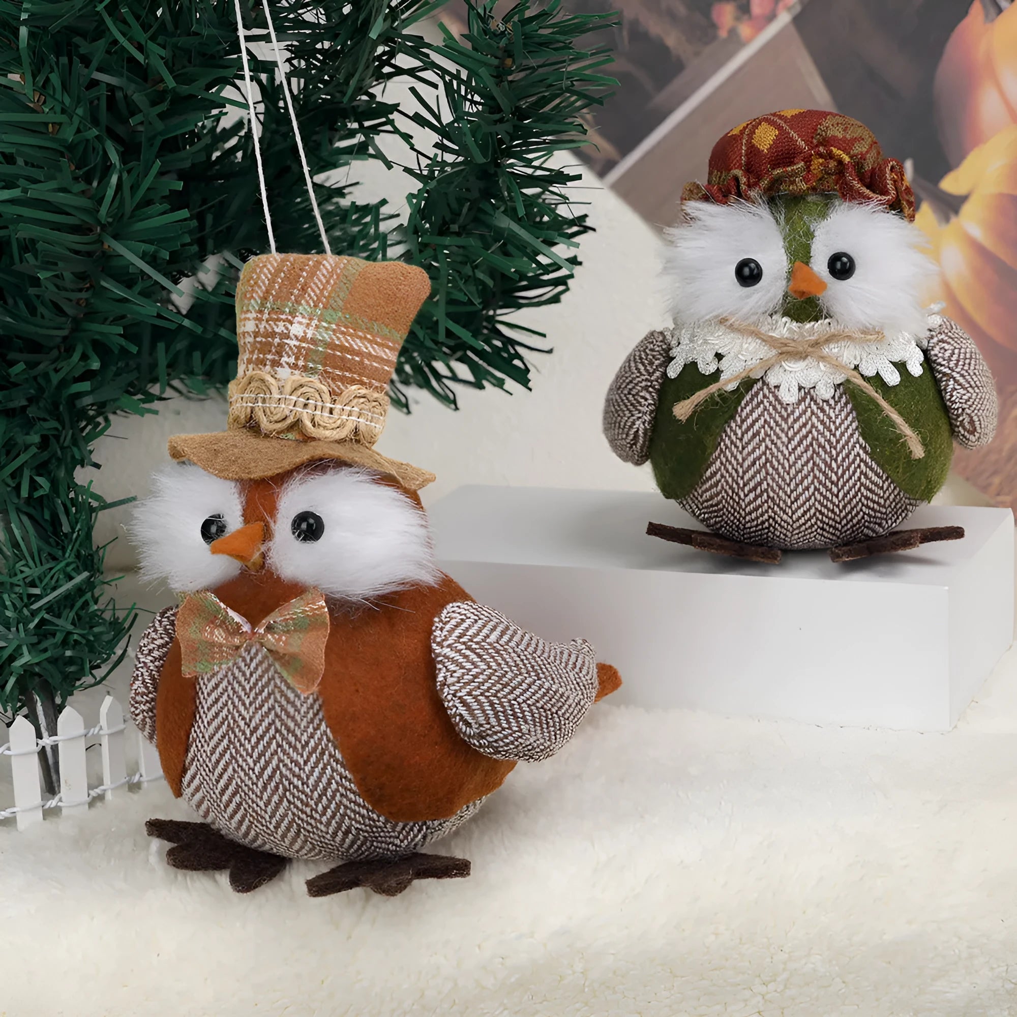 Green and orange owl harvest bird pendant ornament made from polyester cloth for Thanksgiving decorations