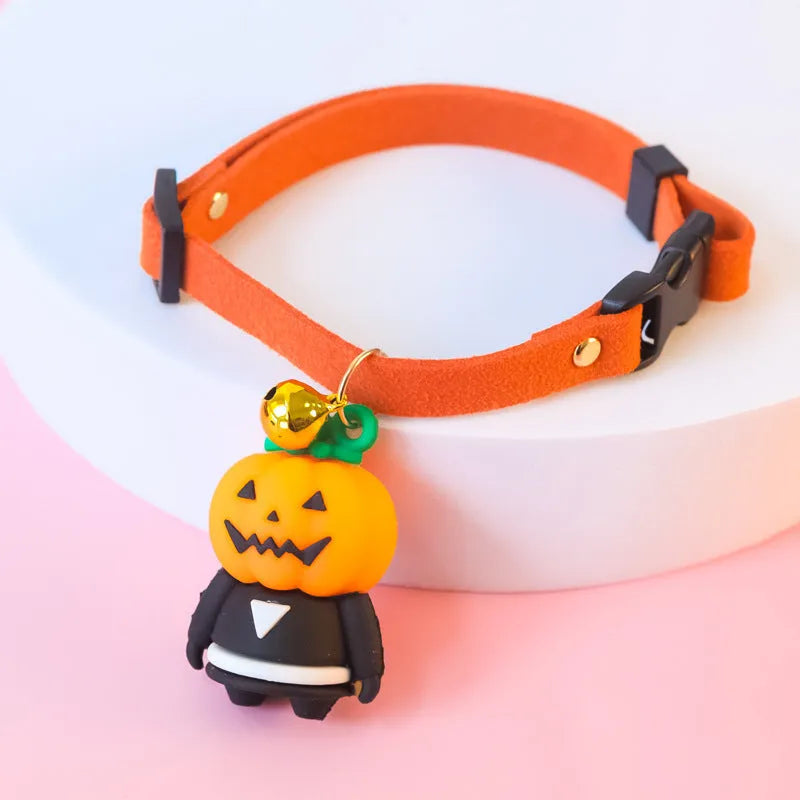 Halloween pet collar decoration on a dog, showing luminous skull pattern and adjustable polyester band.