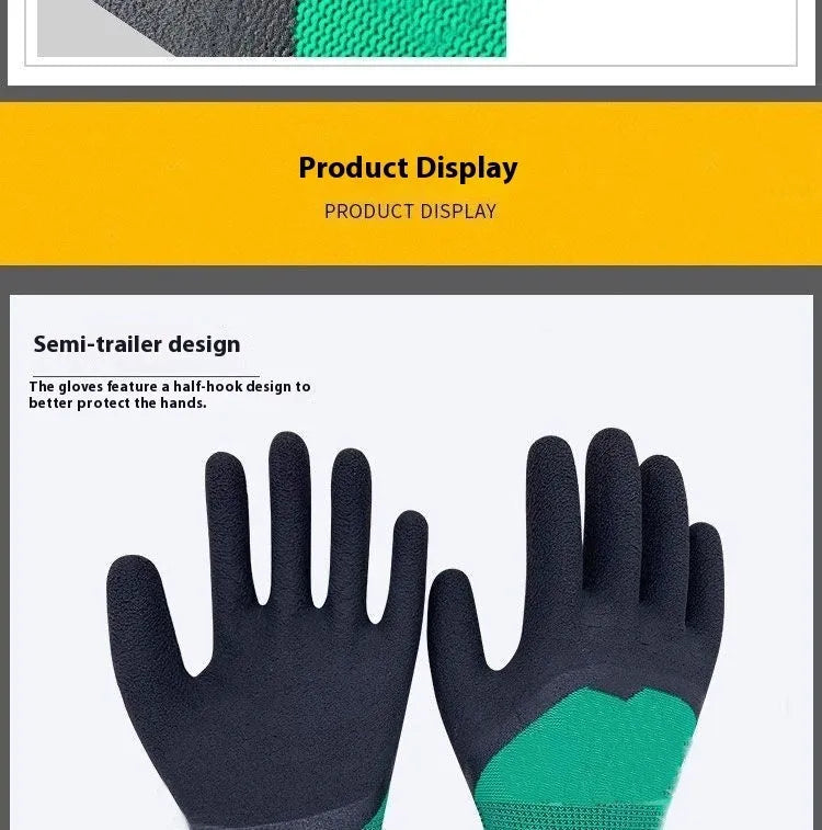Black and green rubber work gloves with textured palm for non-slip grip, shown from multiple angles.