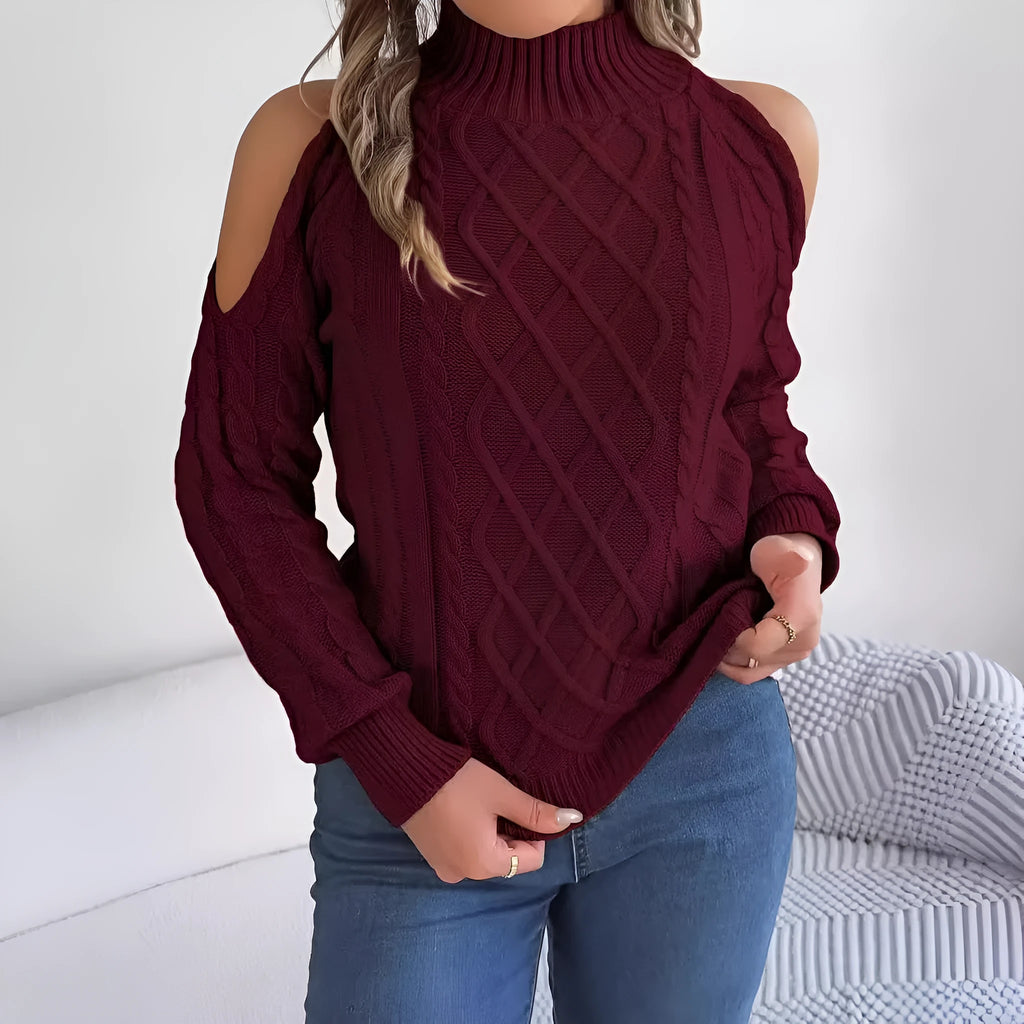 Women's grey strapless acrylic sweater with twisted pattern, half-high collar, and long lantern sleeves