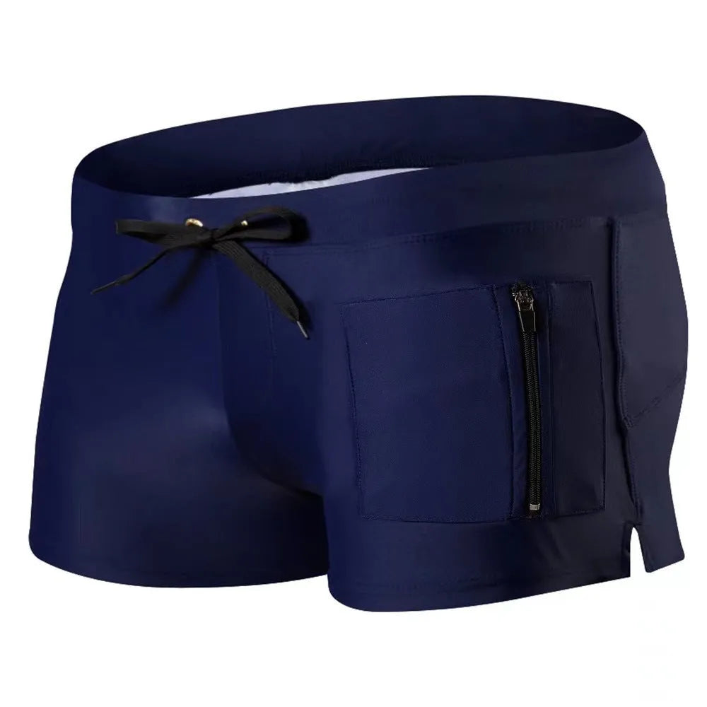 Men's black high-waist polyester swimming trunks with a lace-up front closure.