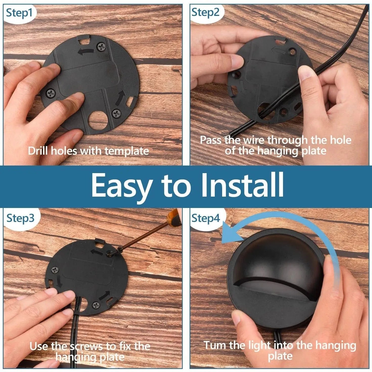 Compact outdoor low-voltage step light with aluminium and plastic housing, shown in a garden setting.