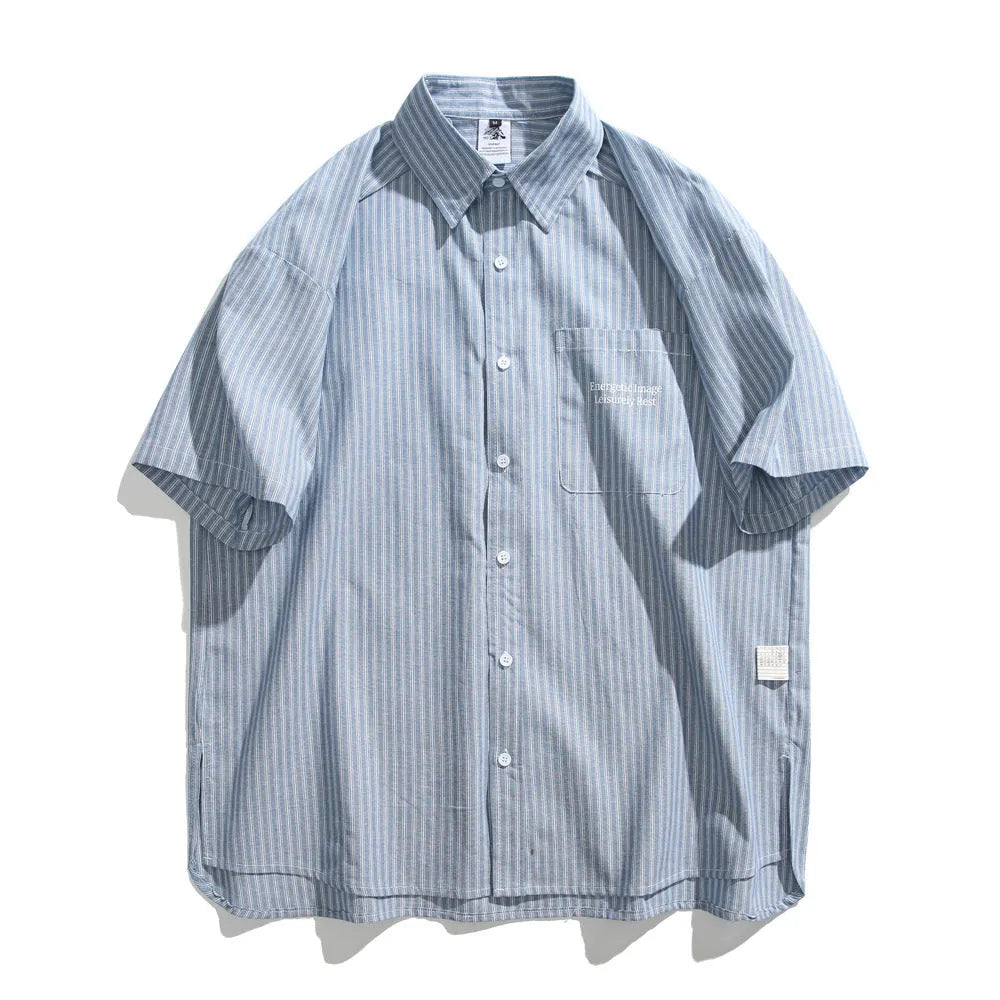 Blue striped short-sleeved overall shirt with cardigan opening and cotton blend fabric