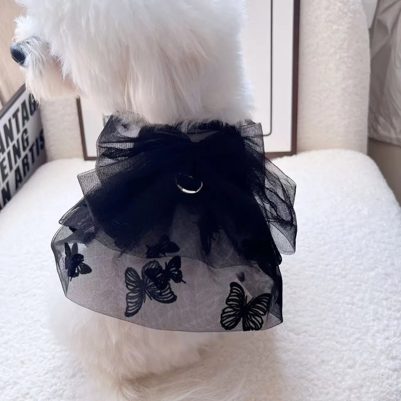 Black polyester gauze princess tulle skirt for a small dog, showing layered design.