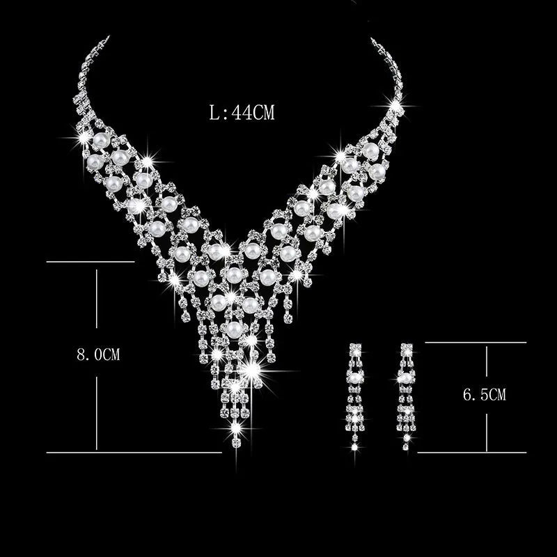 Fashion OL bridal jewellery set with claw chain pearl rhinestone necklace and drop earrings on polished alloy metal