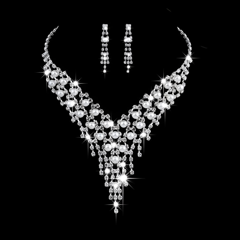 Fashion OL bridal jewellery set with claw chain pearl rhinestone necklace and drop earrings on polished alloy metal