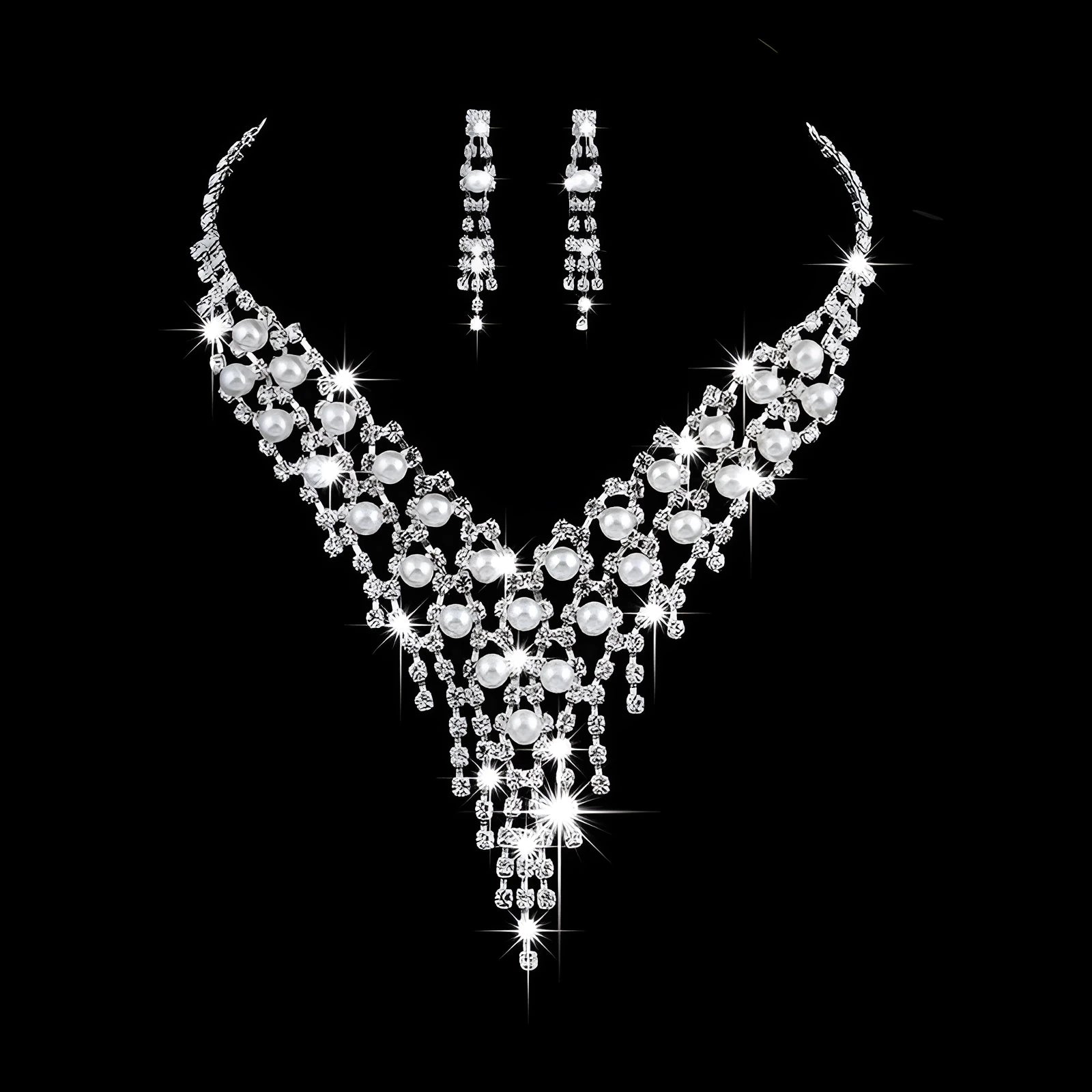 Fashion OL bridal jewellery set with claw chain pearl rhinestone necklace and drop earrings on polished alloy metal