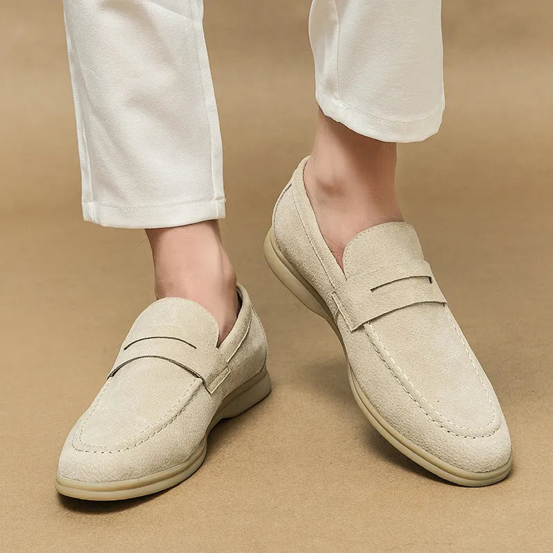 Men's leather slip-on casual shoe in beige with round toe and rubber sole