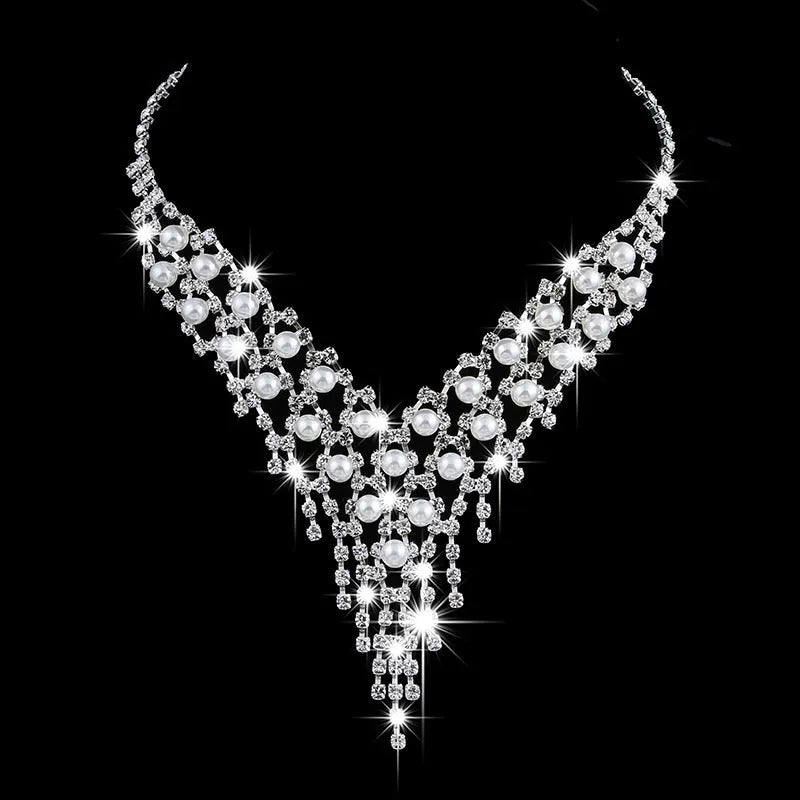 Fashion OL bridal jewellery set with claw chain pearl rhinestone necklace and drop earrings on polished alloy metal