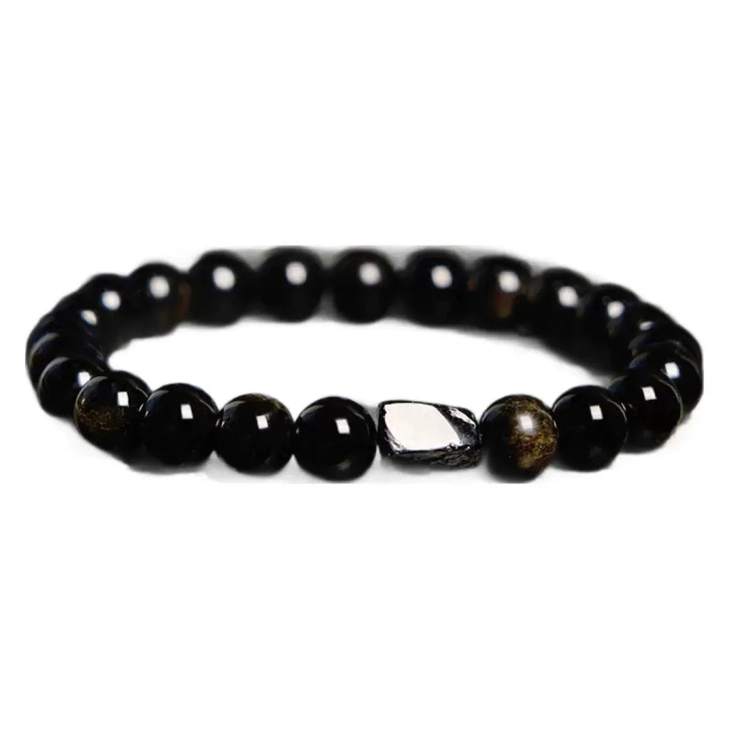 Natural obsidian single bead bracelet with 8mm diameter stone and retro constellation detailing on metal components