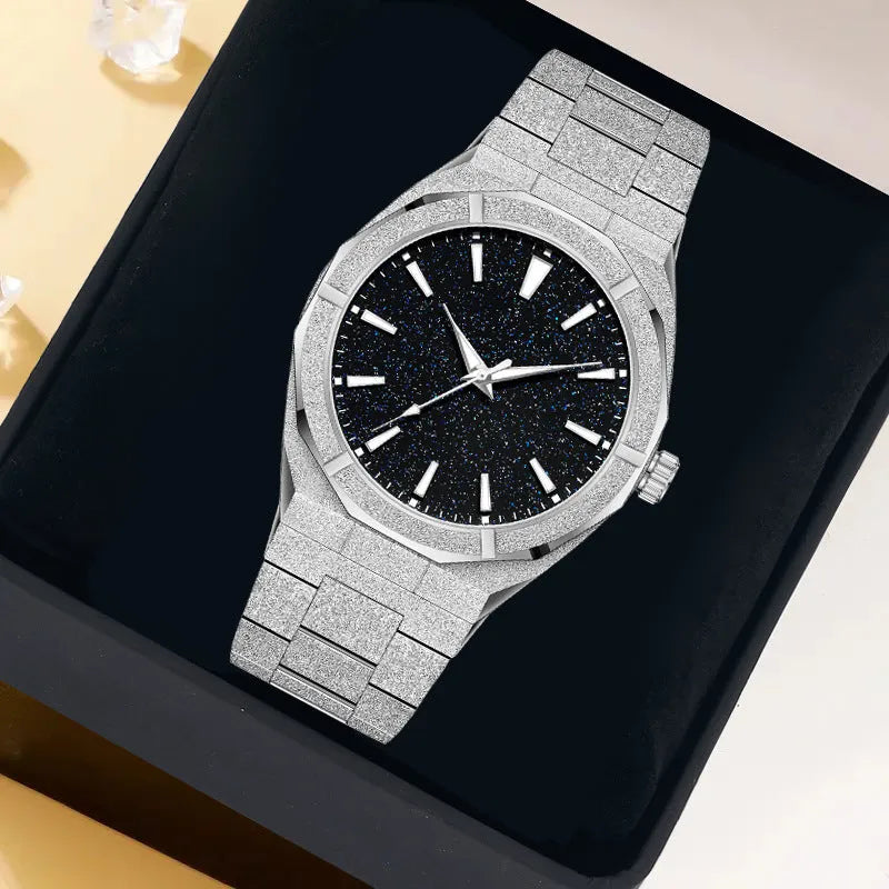 Men's business watch with frosted stainless steel case and luminous hands in silver, gold and black options