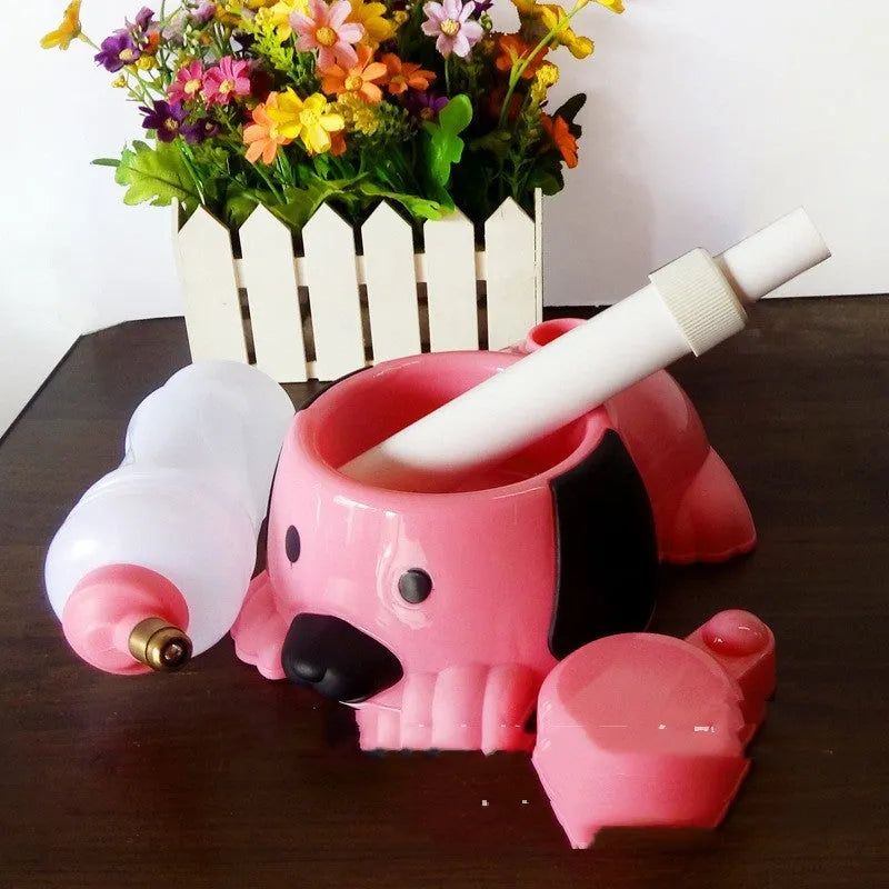 Adjustable rod-lift pet drinking bowl in pink, blue or yellow colours with height adjustment to 42 cm