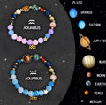 Set of twelve natural stone beaded bracelets, each with a different zodiac sign charm.