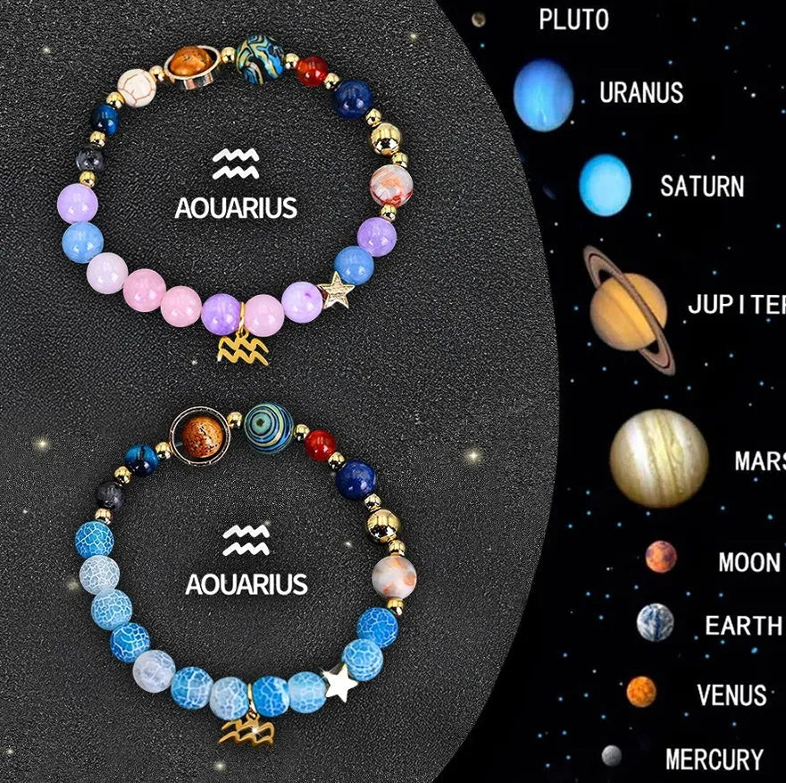 Set of twelve natural stone beaded bracelets, each with a different zodiac sign charm.