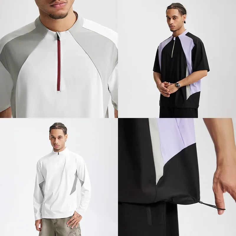 Men's lightweight polyester casual shirt in black or beige with optional long or short sleeves