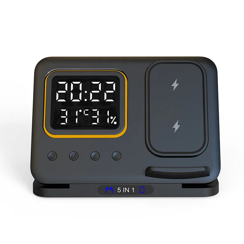 Black 15W wireless charging dock station showing phone, watch and headphones charging, with LED digital clock display.