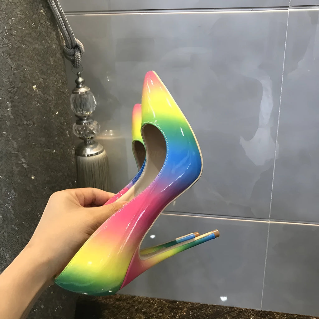 Rainbow patent leather high heels with pointed toe and thin heel in 10cm or 12cm options.