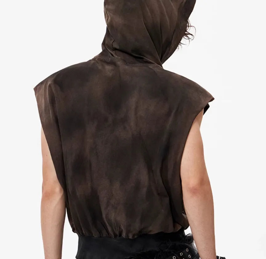 Cotton fabric short hood vest in khaki for teenagers, front view