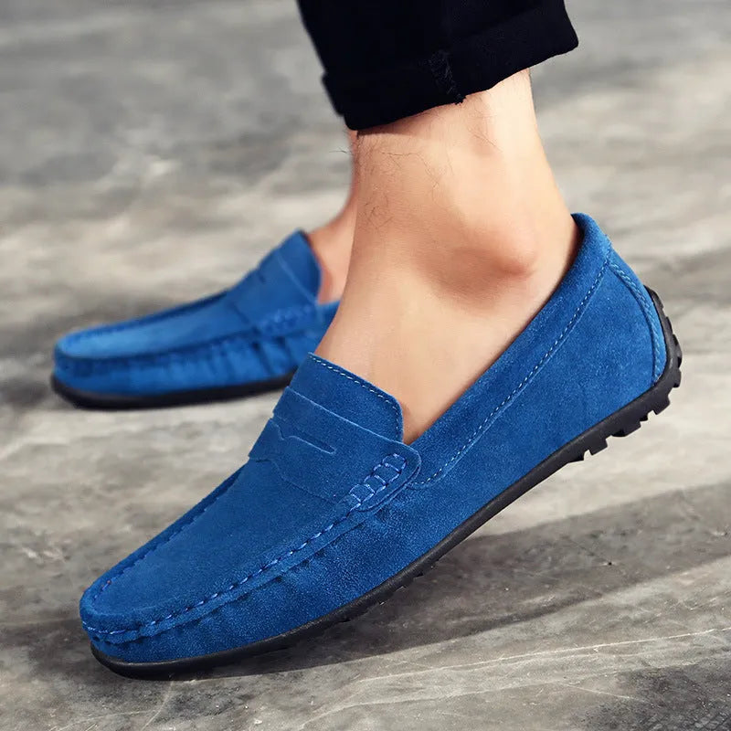 Men's suede Gommino loafers in plus sizes on a flat rubber sole, shown in a colour option.