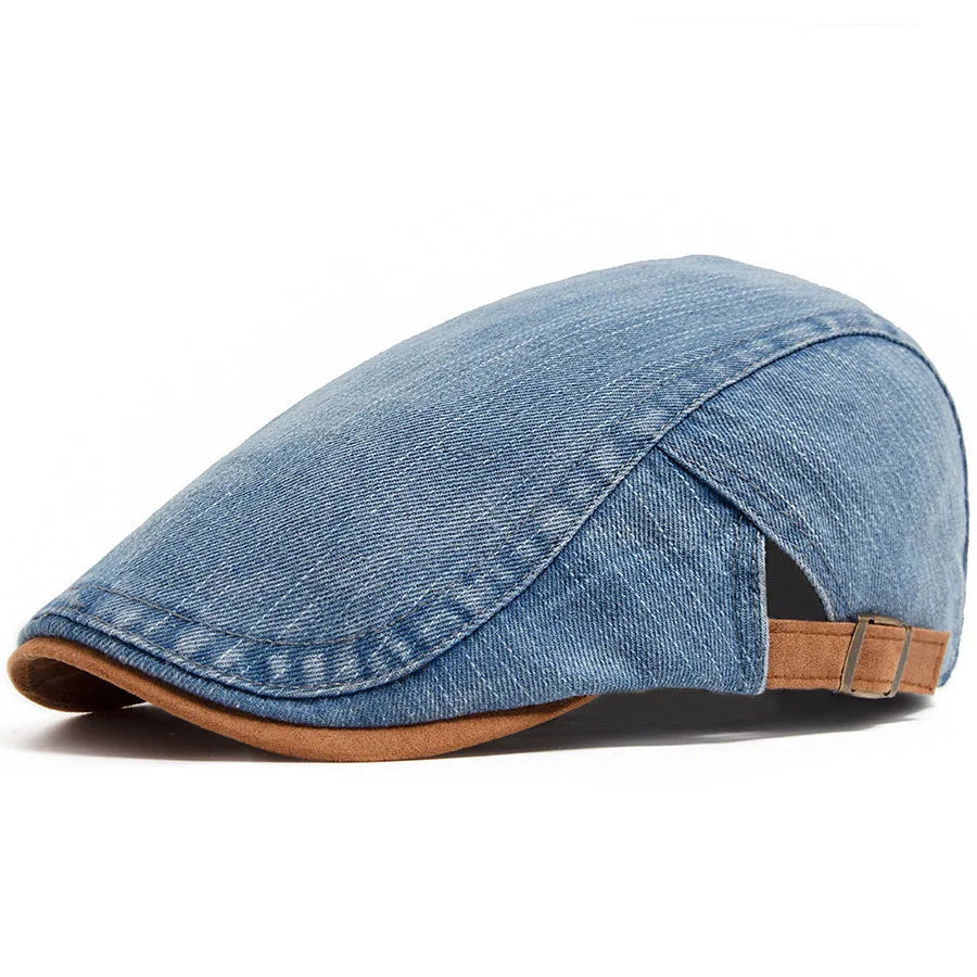 Retro men's cotton beret with dome crown in blue on white background