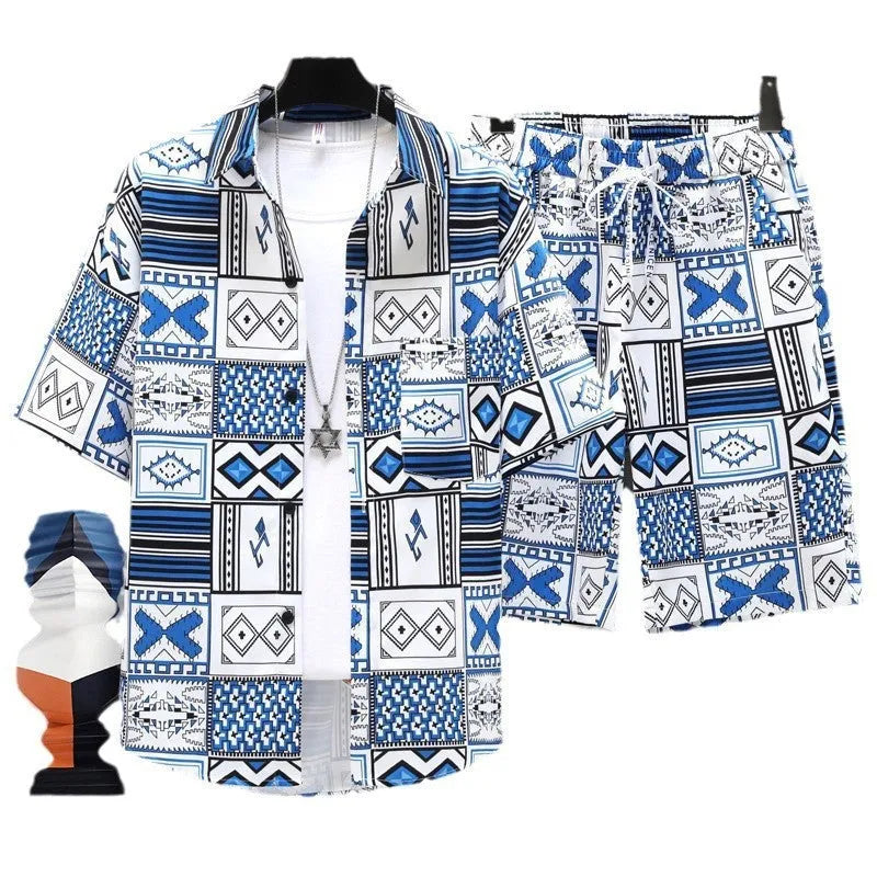 Men's casual sports shorts two-piece set with short sleeve top and matching polyester shorts