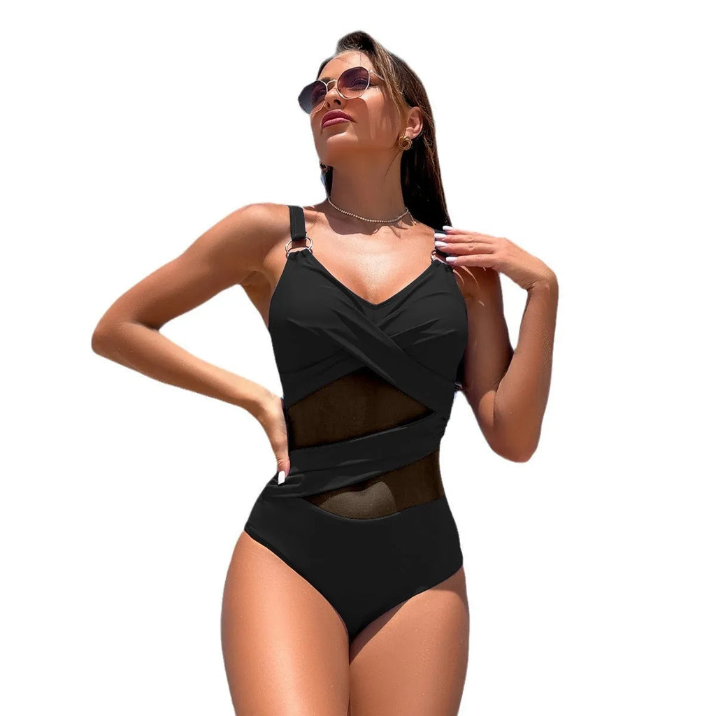 Women's sports quick-drying one-piece nylon spandex swimsuit in solid colour for swimming and wading
