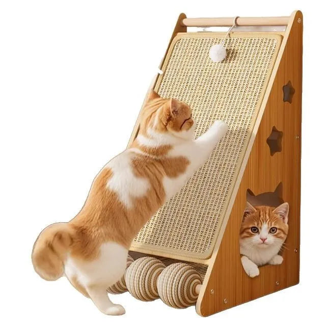 Vertical cat scratch board with hemp rope surface and cat teasing ball design