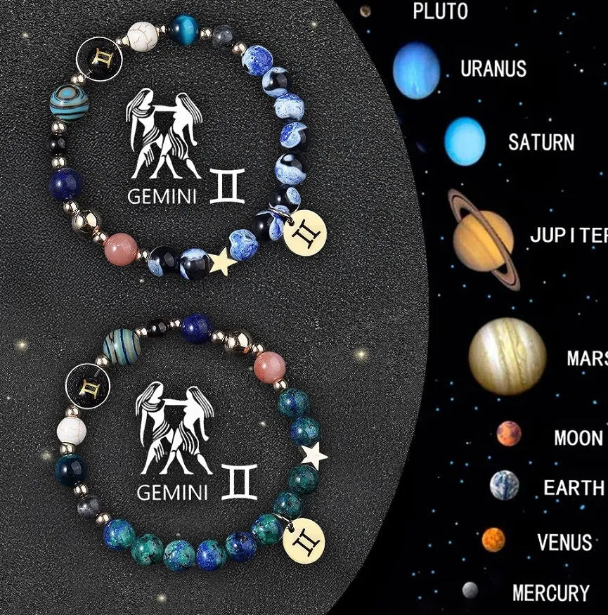 Set of twelve beaded bracelets for each zodiac sign with natural stone and crystal beads.