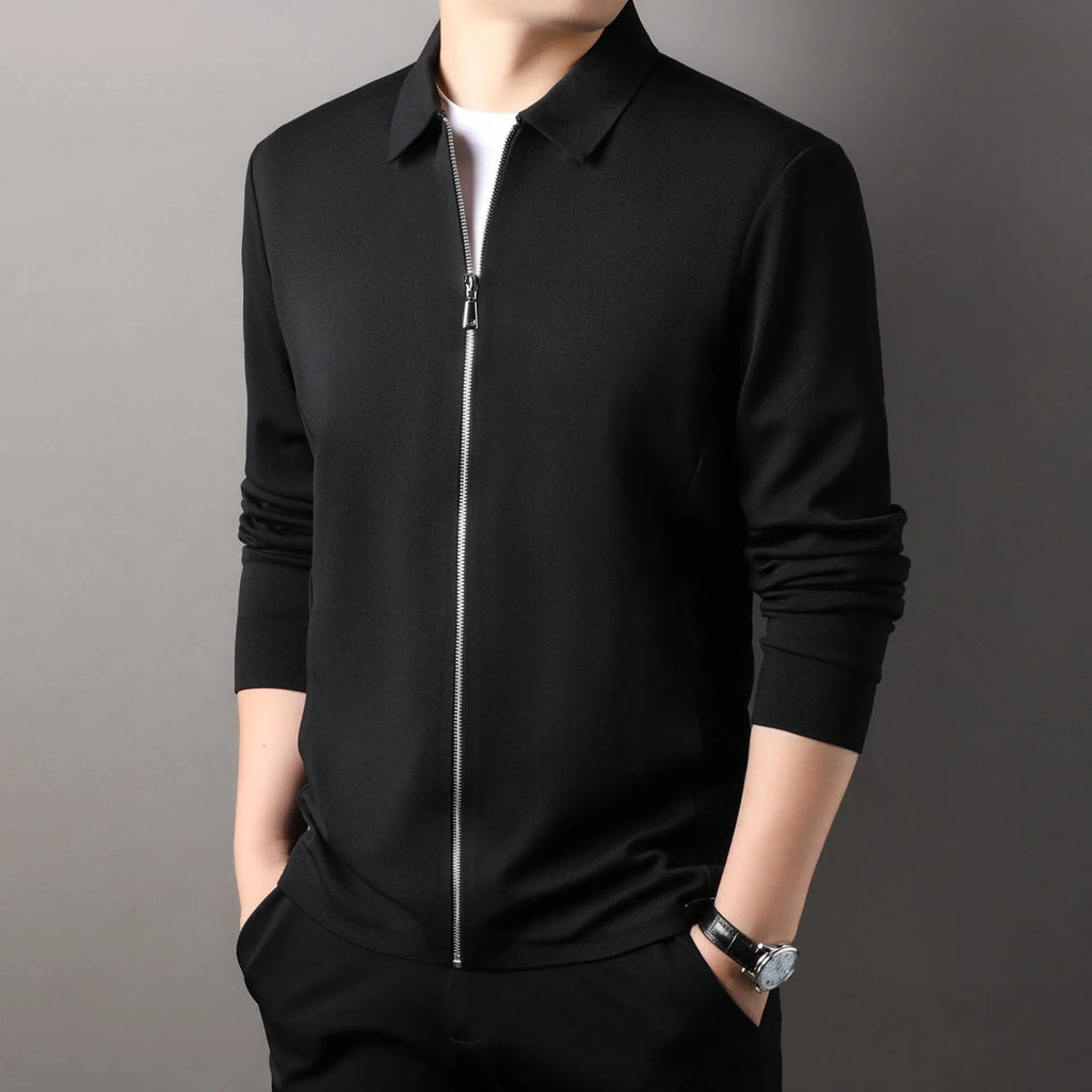 Men's polyester business jacket in black, dark grey or apricot with regular sleeves and straight hem design