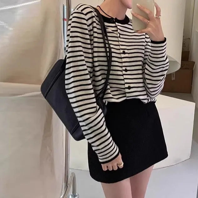 French style women's striped cardigan coat in dark grey and white, 40cm length slim fit