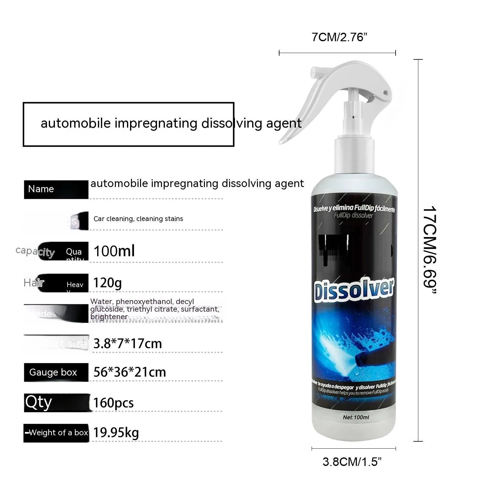 100ml bottle of water-based car foam cleaning agent for seat stains and paint maintenance