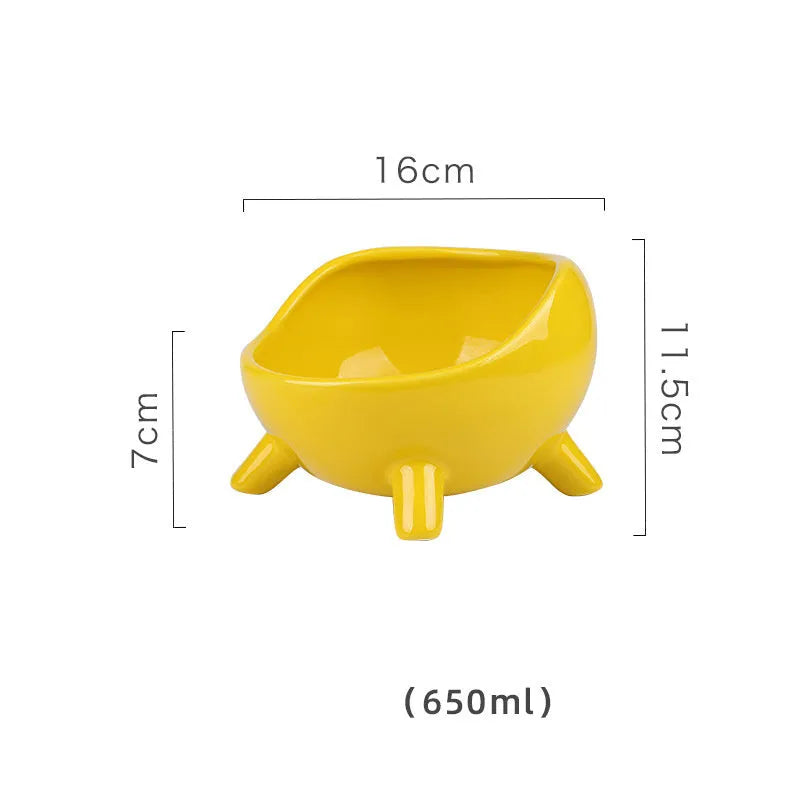 Green four-legged ceramic cat food bowl for indoor pets with wide mouth design