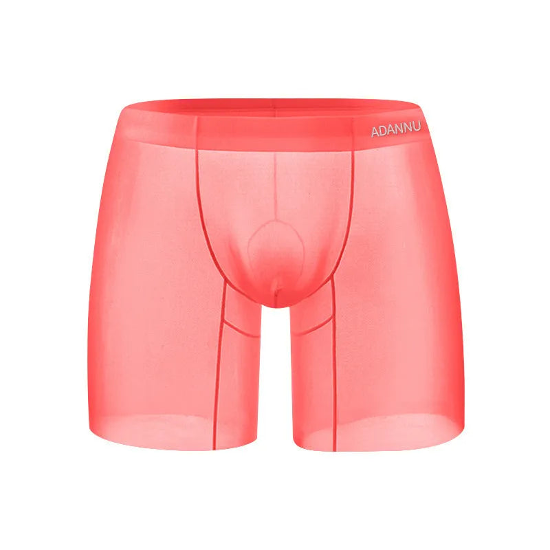 Men's ice silk boxer shorts in orange, pink, and red colours with low-waist design