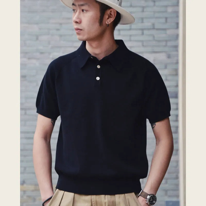 Retro slim fit knitted cotton short-sleeved T-shirt in a solid dark brown colour