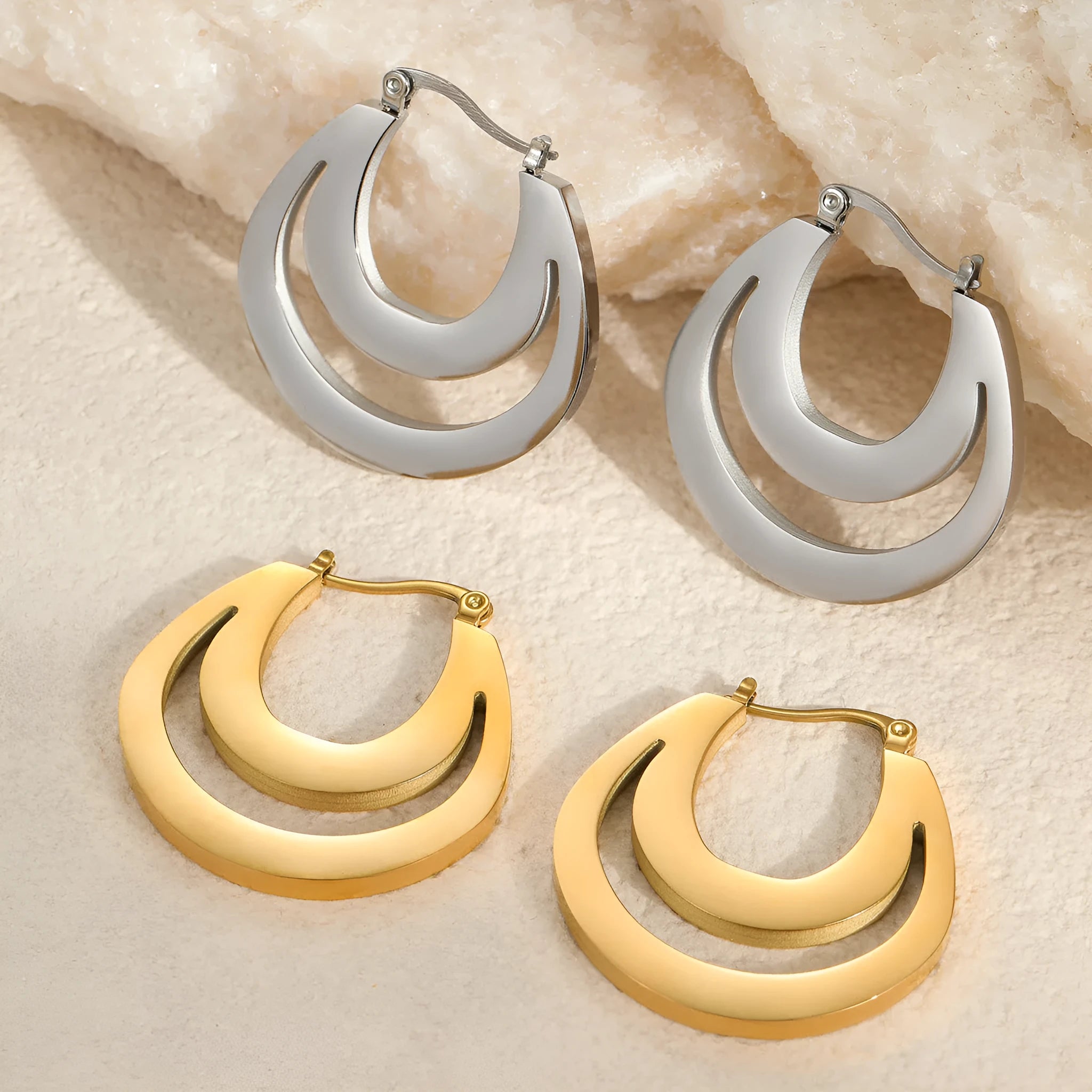 Geometric French earrings with round hoop design in gold and steel colour options