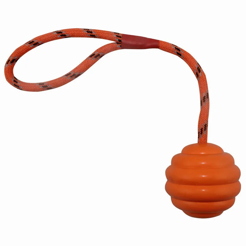 Multi-colour rubber dog toy ball with rope knot design measuring 6x30cm