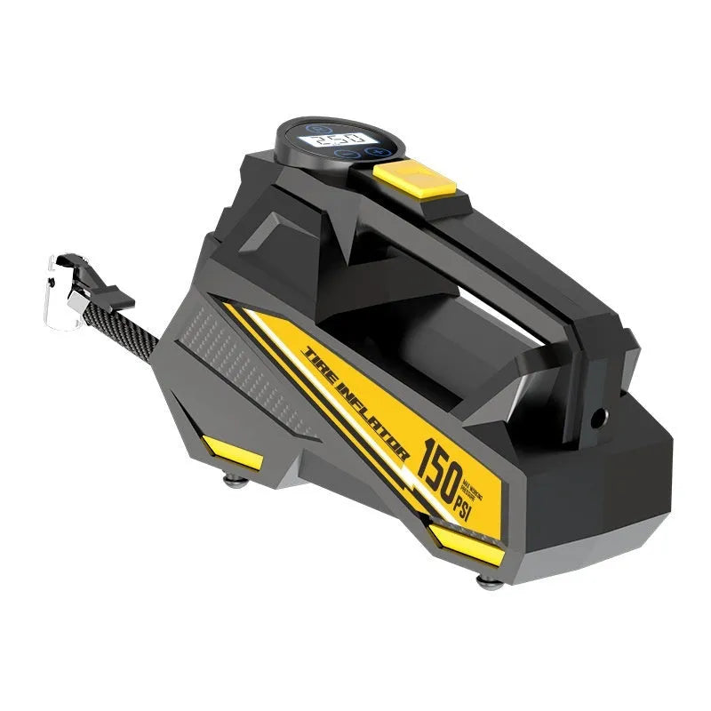 Black portable 12V car tyre inflator with digital display and LED light on ABS housing.