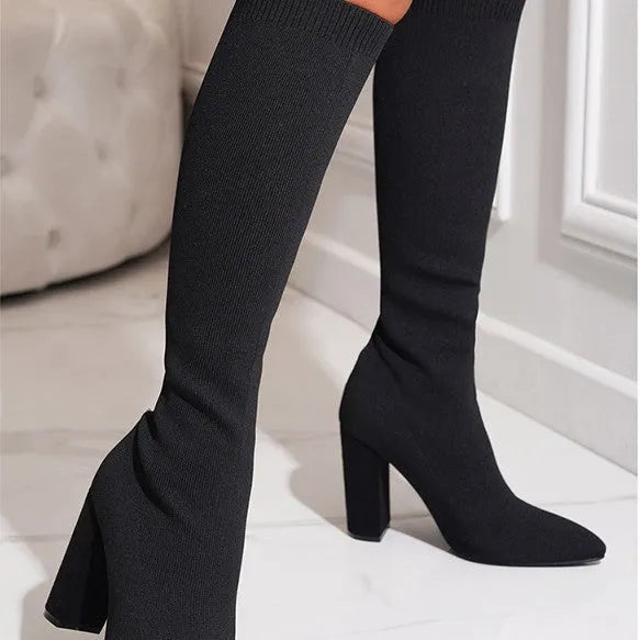Women's large size stretch pointed toe chunky heel boots in black, brown, and red