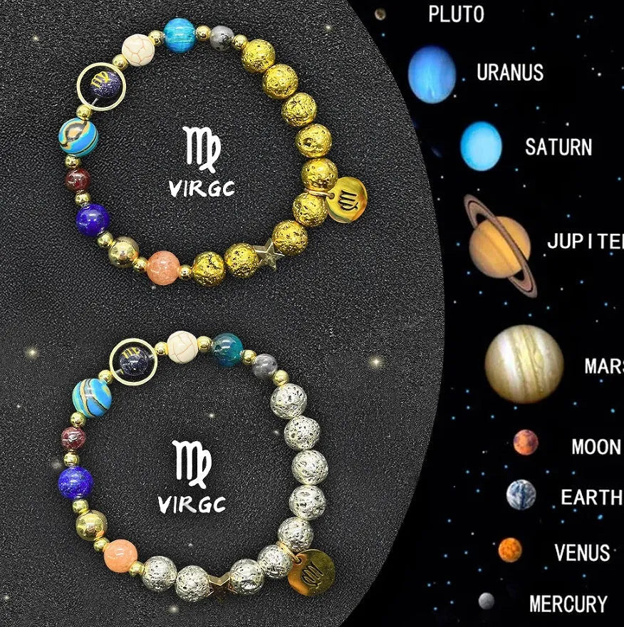 Set of two natural stone beaded bracelets with Zodiac sign charms on a dark background.