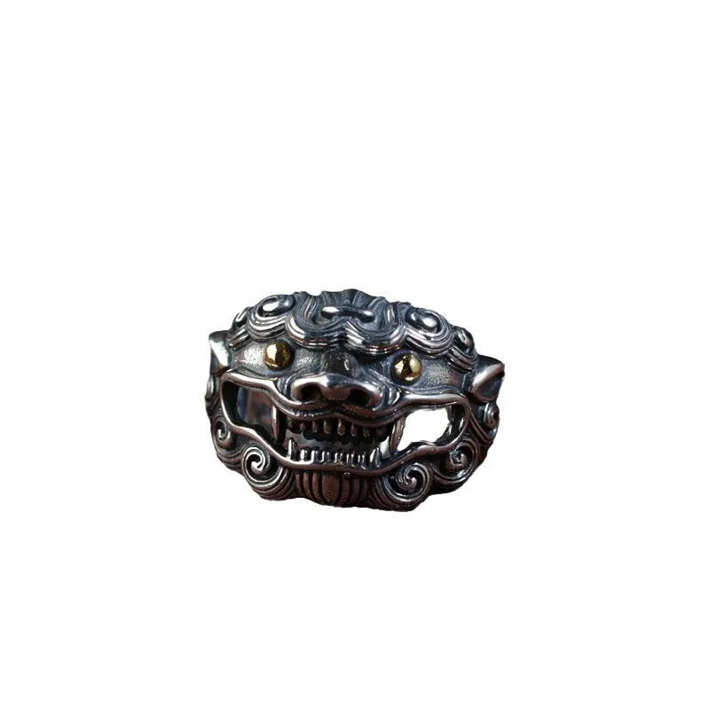 Silver open ring with detailed animal and zodiac modelling in jibeast pattern, retro style