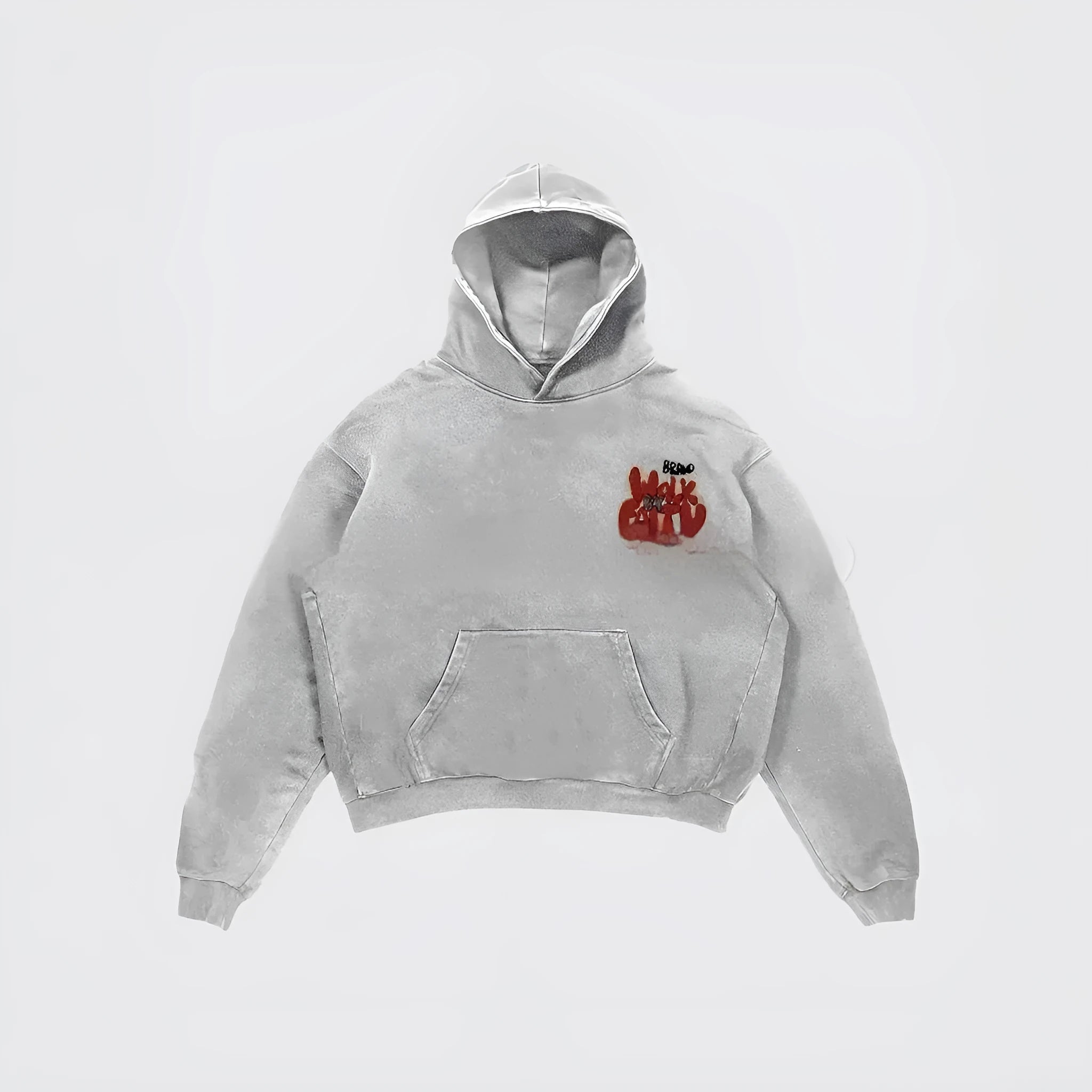 Granny grey hoodie with vintage letter print, long sleeves and pockets, street hipster style